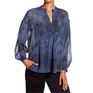 Vince Blue Marbled Sheer V-neck Silk Long Sleeve Top Size XS